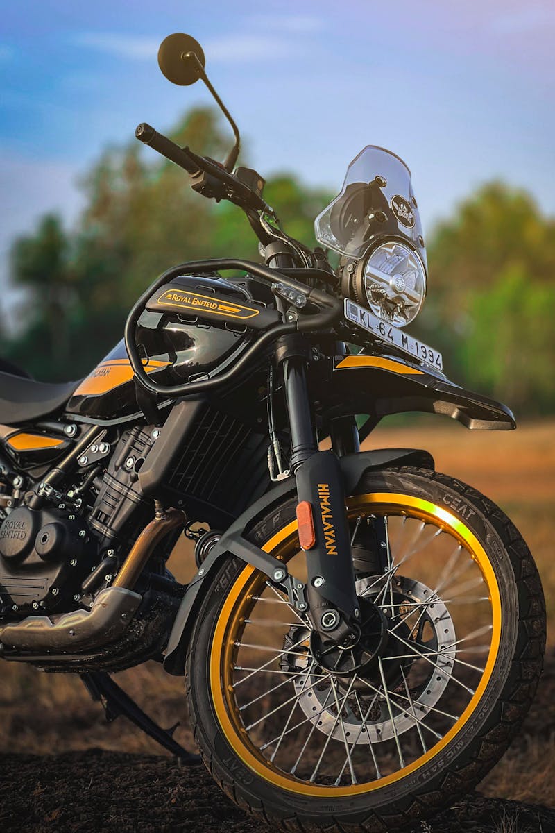 Close-up of a Royal Enfield Himalayan motorcycle in Kodunthirapully, India showcasing adventure transportation.