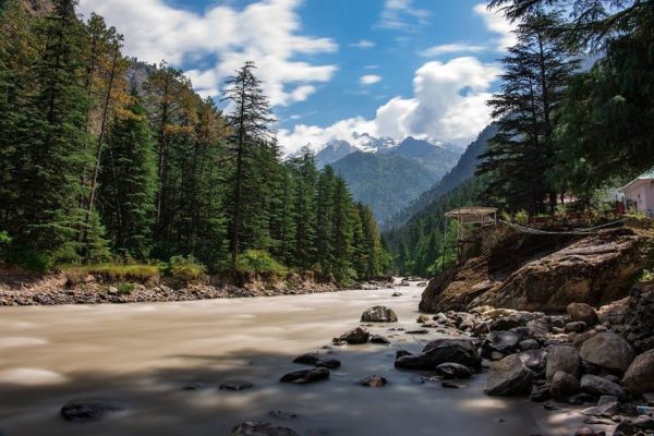 A breathtaking view of a forested river with mountains under a vibrant blue sky.