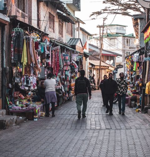 Vibrant Indian market street lined with shops, showcasing local culture and daily life.